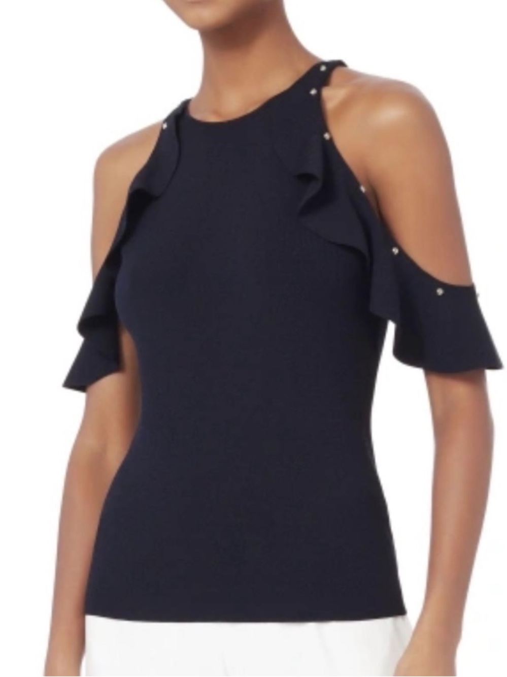 Jonathan Simkhai Navy Cold Shoulder Ruffle Studded Knit Top XS